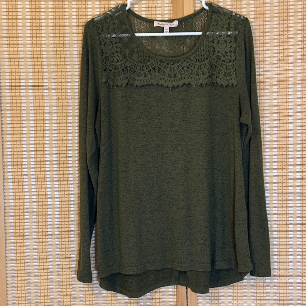 Harlow & Rose Women Olive Green Lace Yoke Long Sleeve Knit Top Size M Bohemian